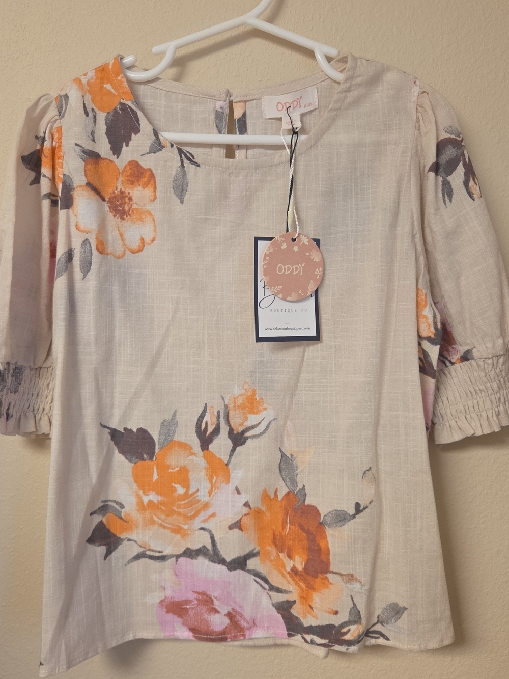 Oddi Girls' Beige Floral Puff-Sleeve Top - Orange & Pink Flower Print